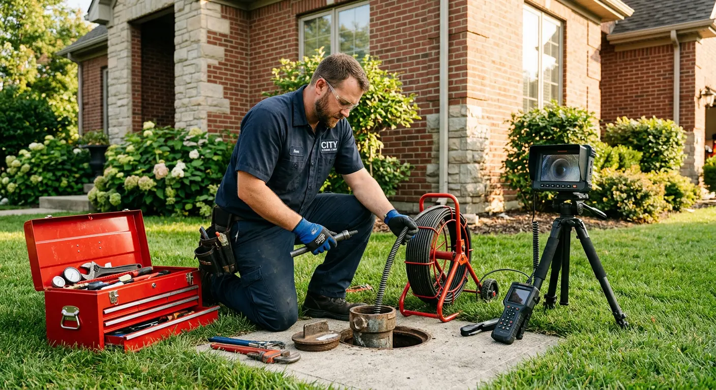 Sewer specialist with camera equipment servicing a cleanout in River Rouge
