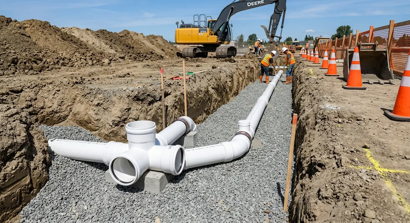 New PVC sewer pipe installation in open trench for Sewer Backup in River Rouge