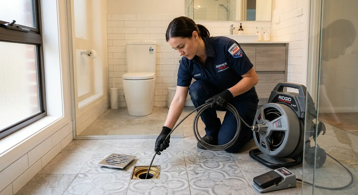 Technician clearing a bathroom floor drain for Drain Repair in River Rouge